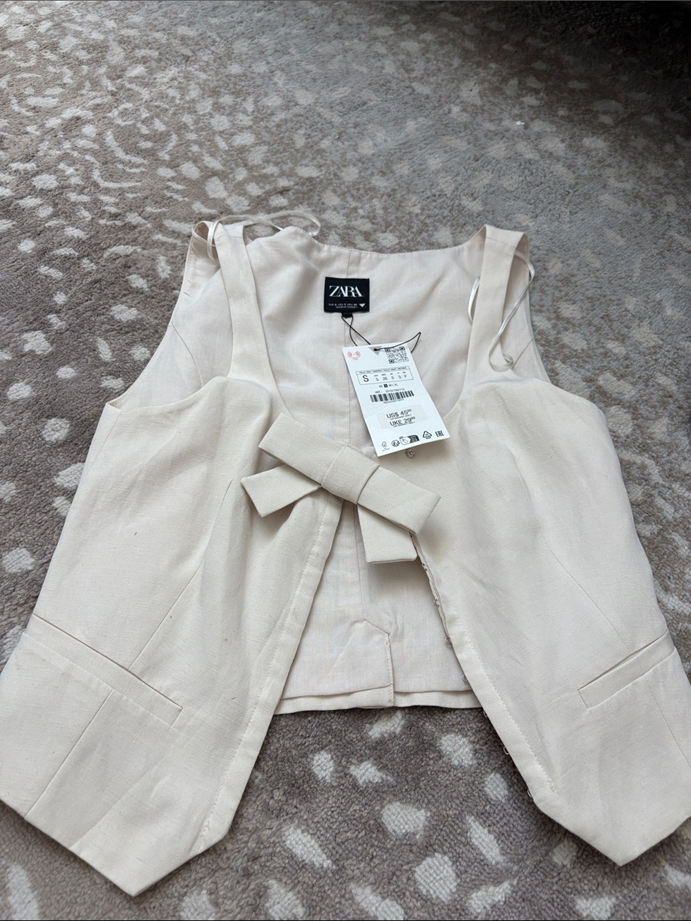 Zara Beige Bow-Front Linen Vest